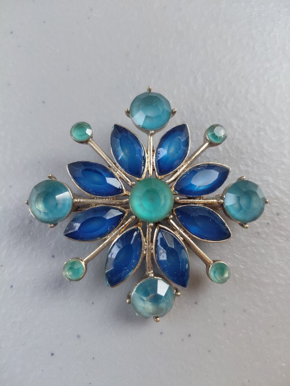 VTG Scatter Pin Brooch Blue Carnival Glass Rhinestones Starburst MCM Statement